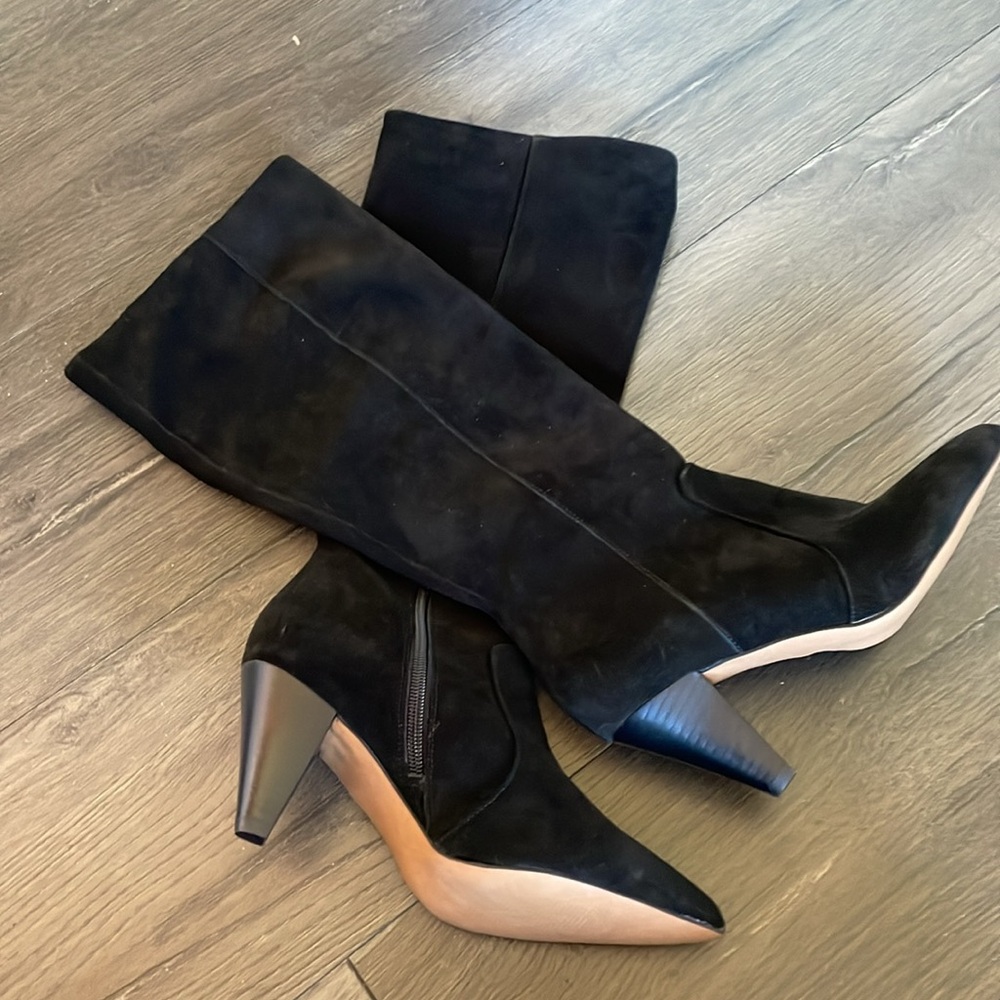 GAP Black Suede Leather Mid Calf Cone Heel Boots - NEW